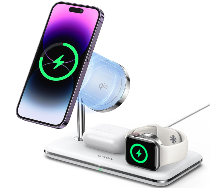 UGREEN Qi2-Certificado Cargador Inalámbrico MagSafe 25W 3-en-1,15W Carga Rápida para iPhone 16/15/14/13/12 MagSafe Series,Estación de Carga Compatible con iWatch,AirPods Series (Sin Adaptador AC)